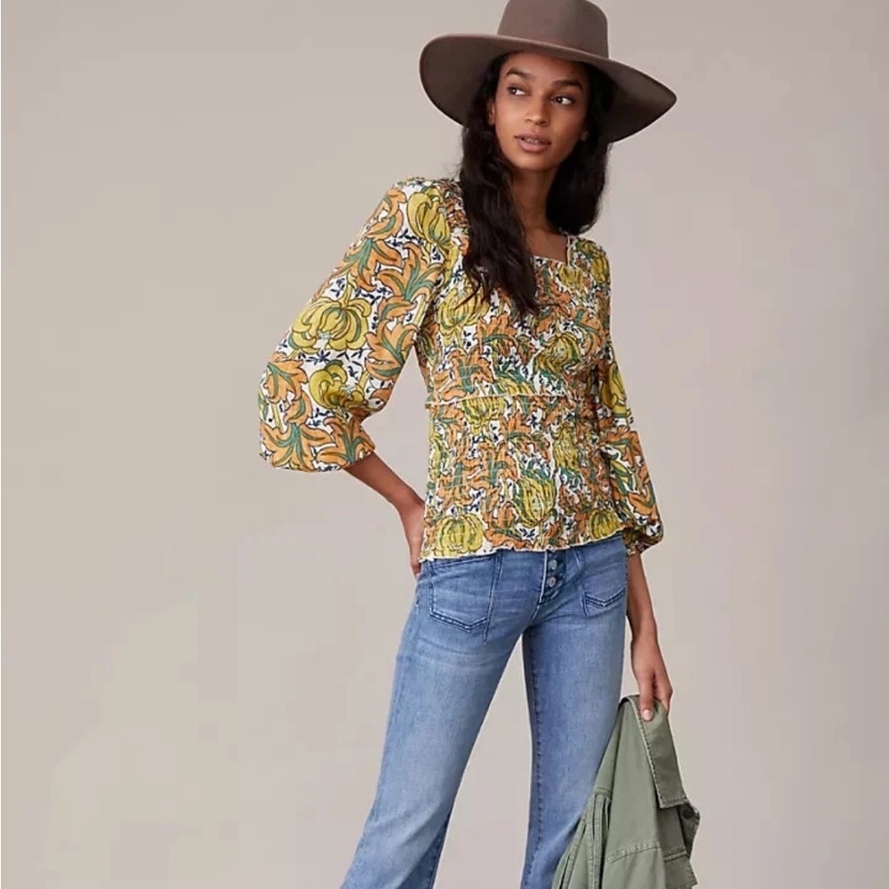 Anthropologie Floral Print Top - The Rayna Relaxed Smocked Blouse Size M